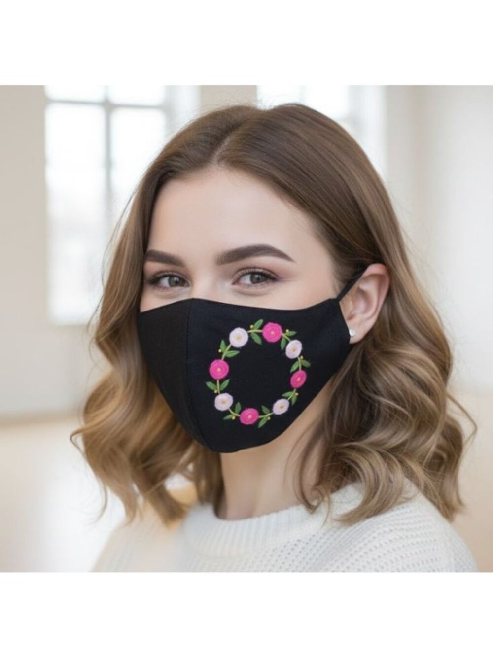 New Floral Cloth Face Mask Embroidered Flowers Reusable Breathable Fashion Black